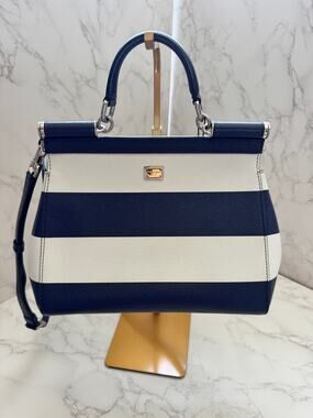 Dolce & Gabbana Siciy Striped Dauphine Leather Bag -  Navy/White